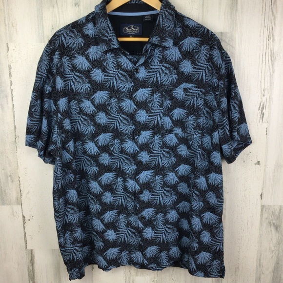 Nat Nast short sleeve open collar silk shirt, box shirt, men's size L silk black type Vintage Second Hand